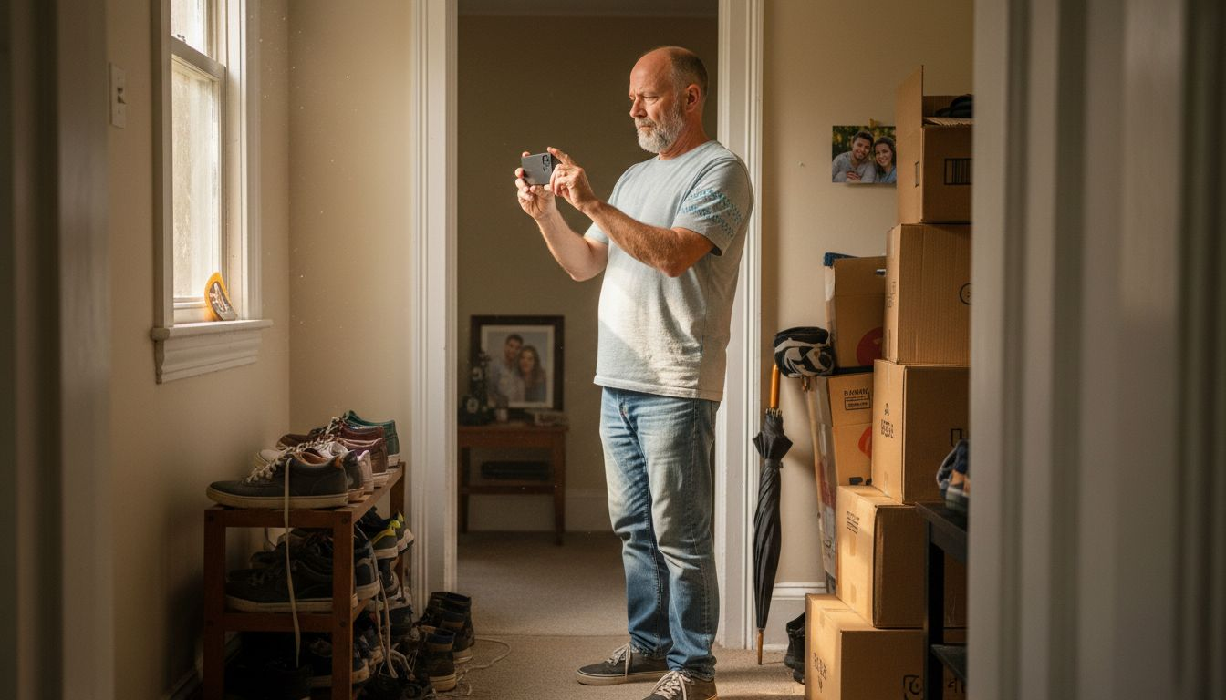 Man assessing cluttered home hallway