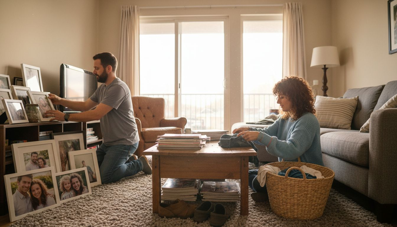 Couple organizing personal and shared apartment spaces