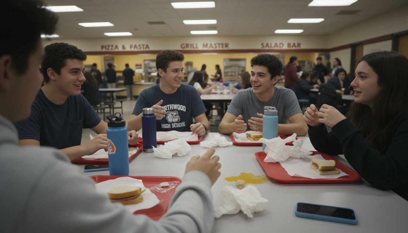 Students chatting around cluttered cafeteria table
