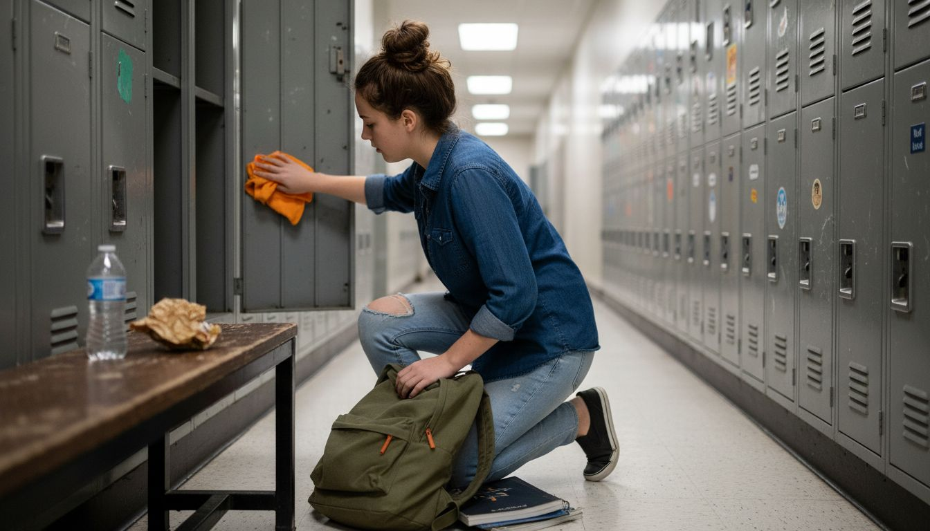 Teen cleaning locker with cloth and backpack nearby