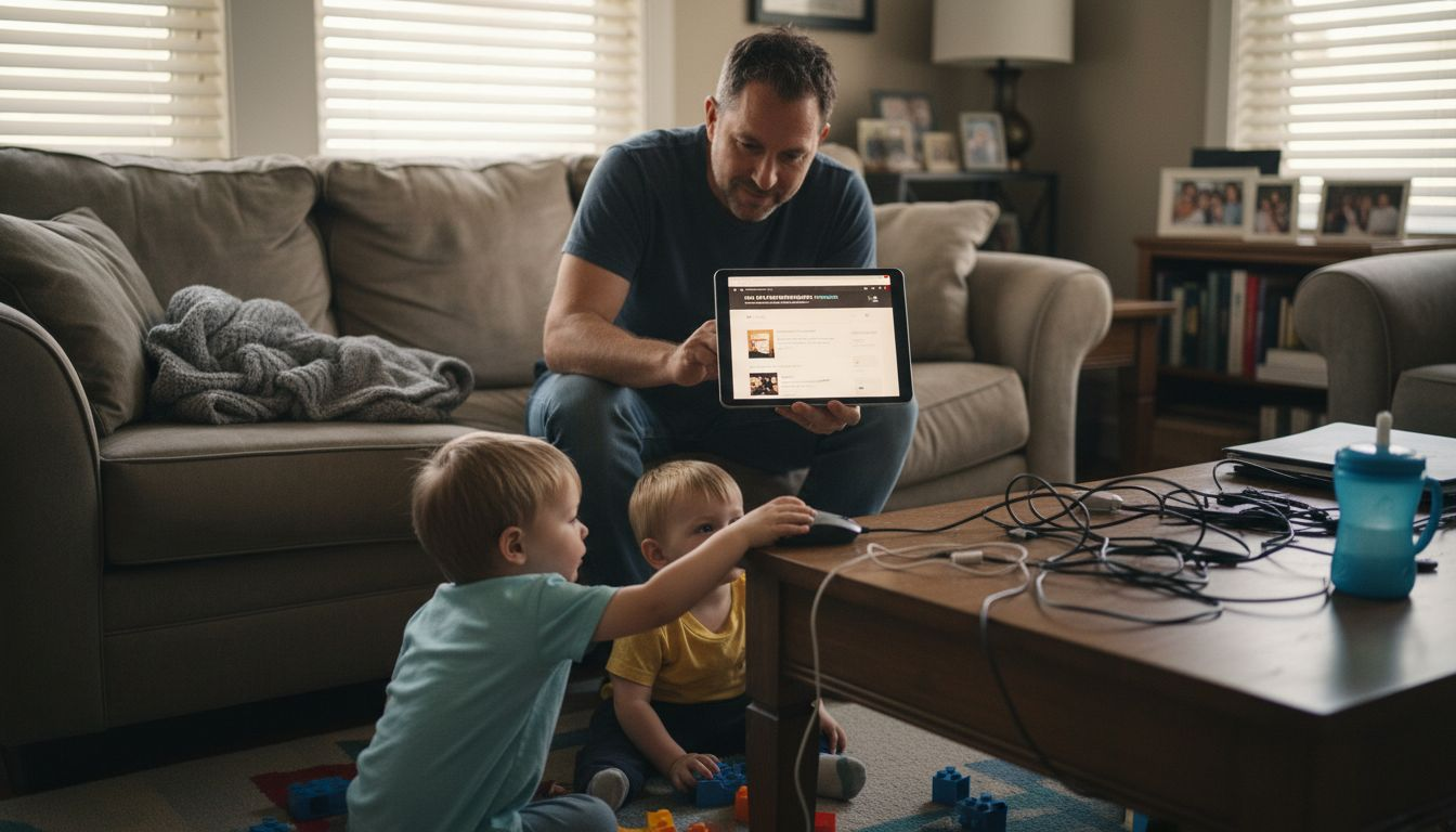Father updating blog with kids playing nearby
