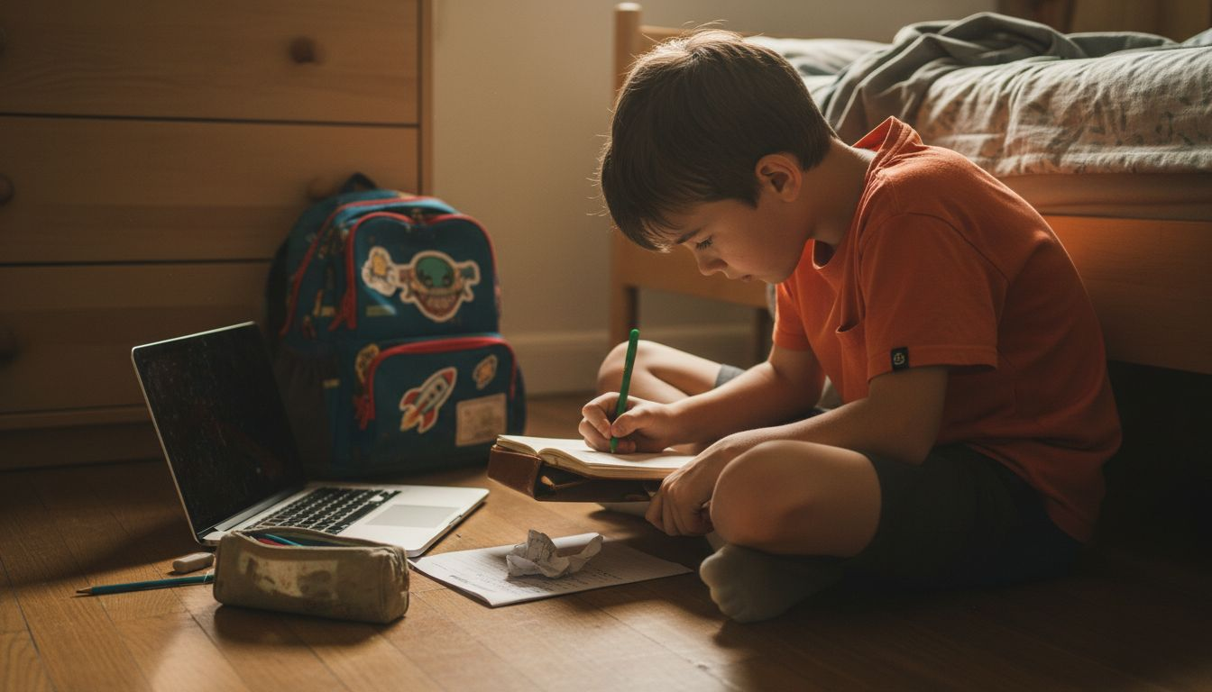Boy recording expenses in bedroom ledger