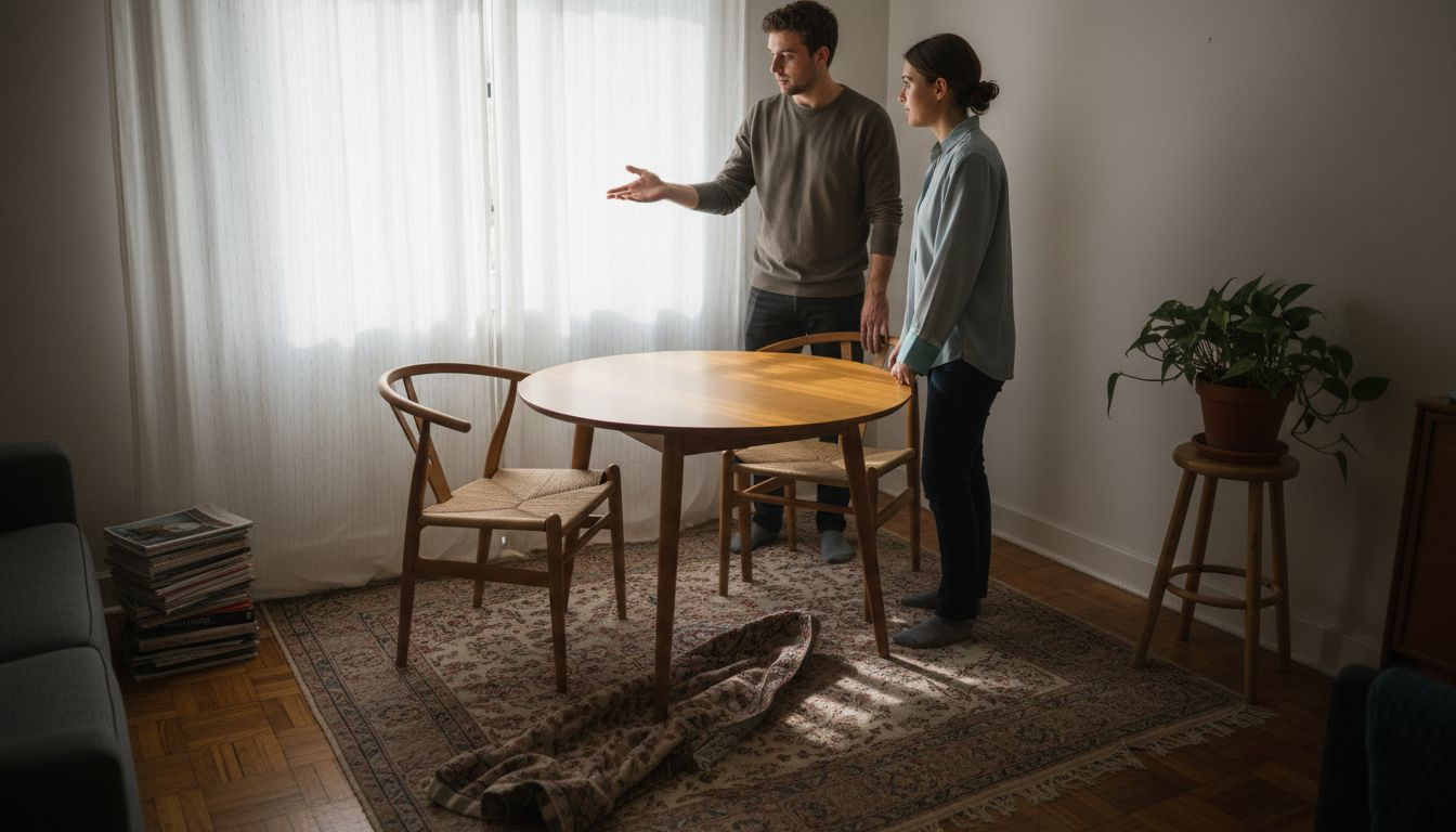 People arranging minimalist living room furniture