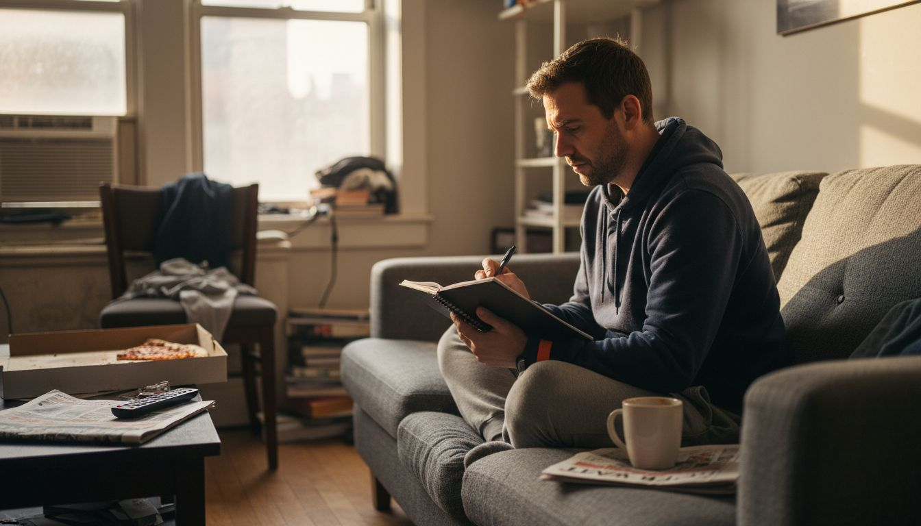 Man reflecting alone in living room