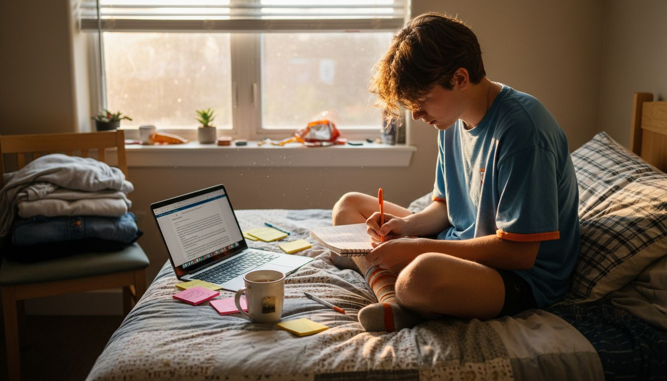 Student tracking goals in messy dorm room
