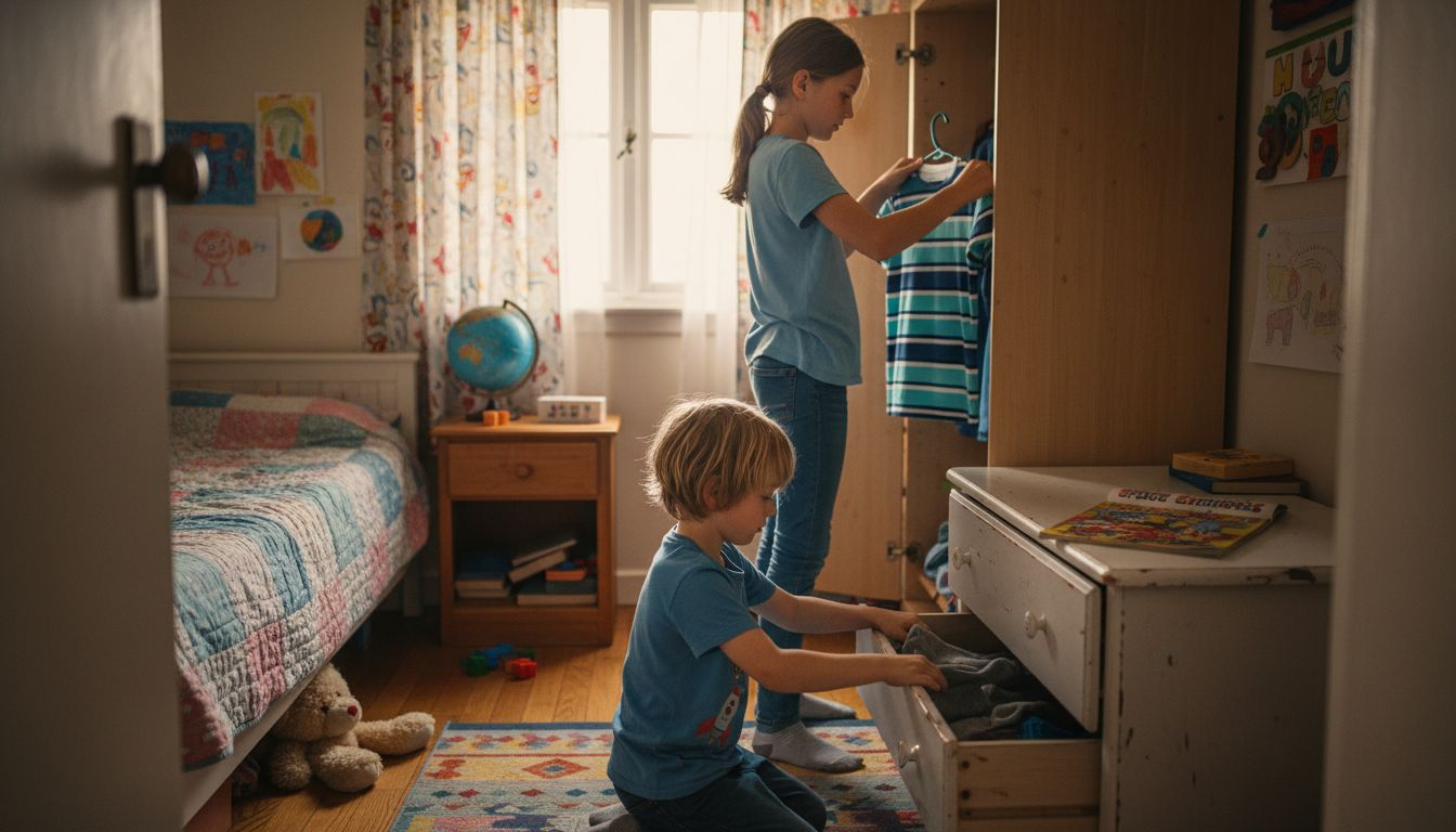 Children tidying up shared bedroom together