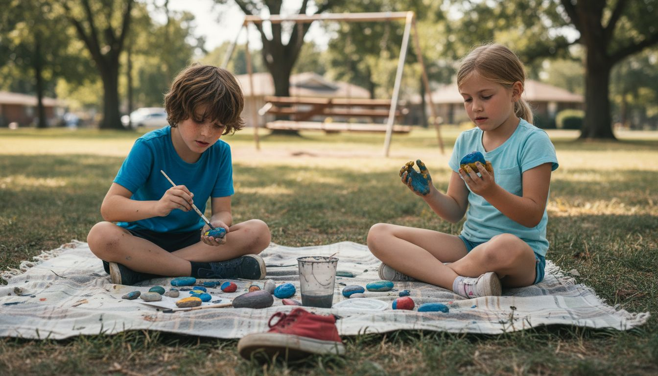 Children painting rocks in local park