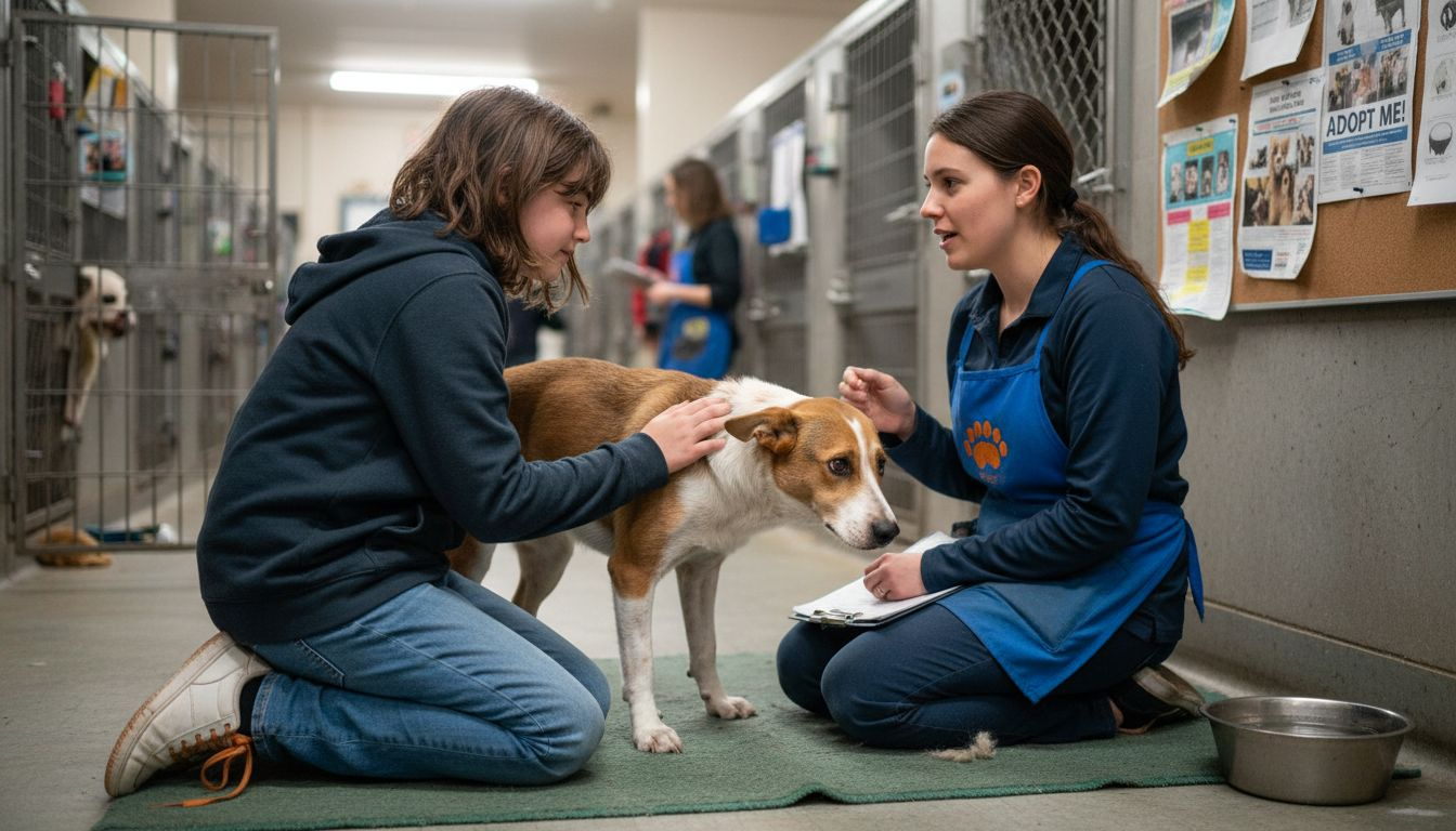 Girl volunteering at animal shelter with dog