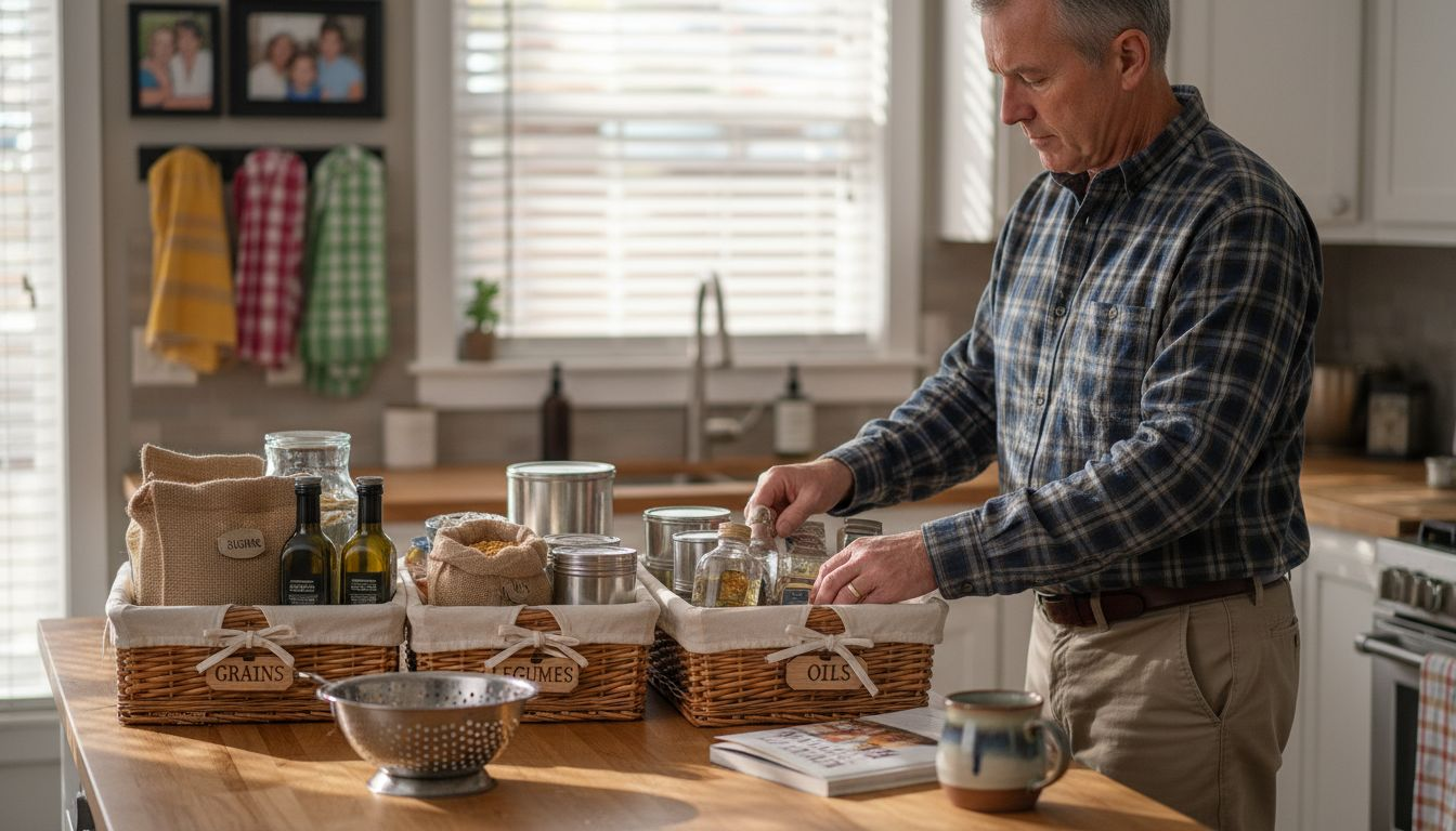 Man sorting pantry ingredients by category