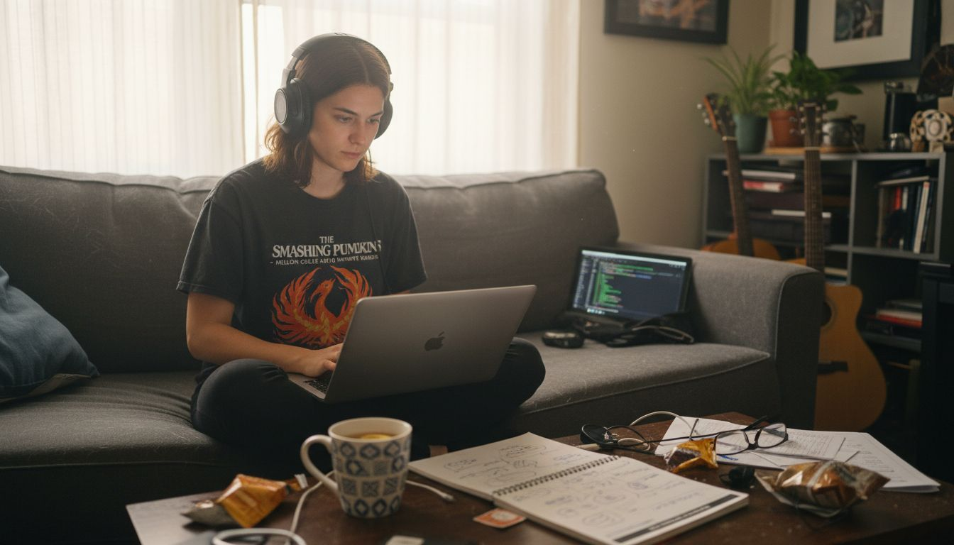 Young woman learning coding on sofa