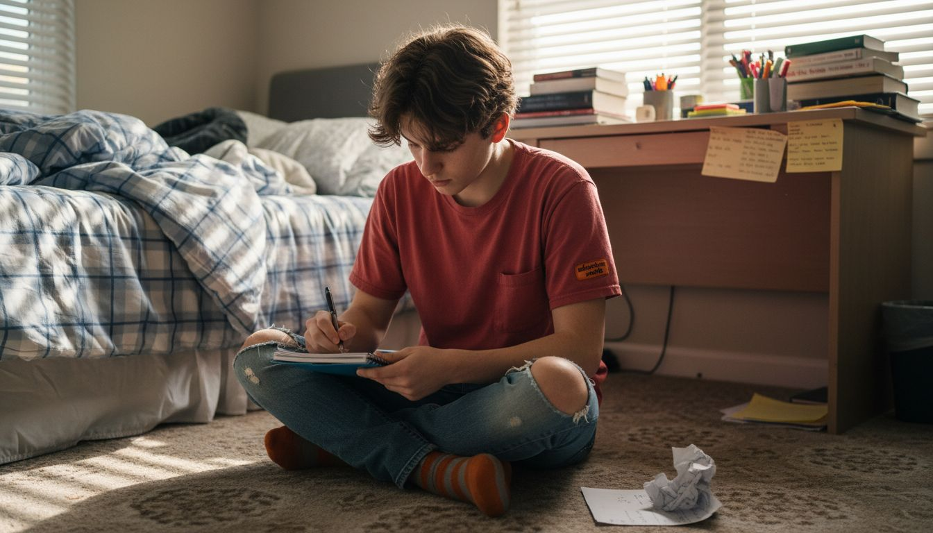 Student writing daily goals in bedroom planner