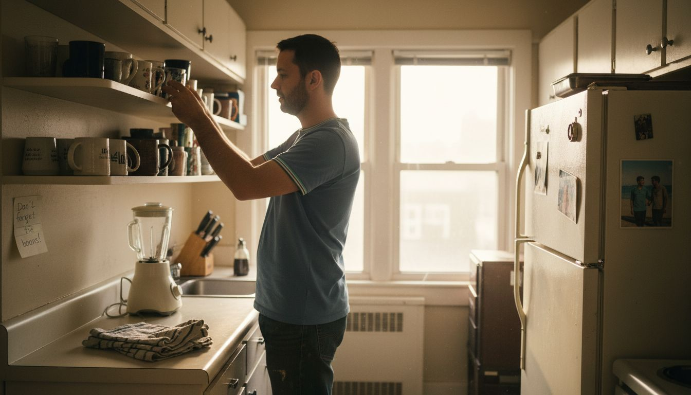 Man organizing secondhand kitchen items