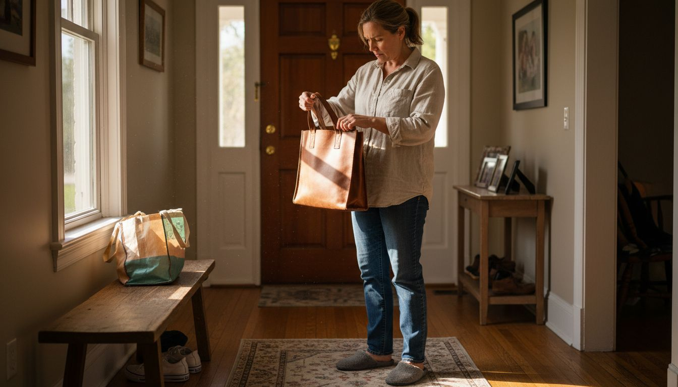 Woman closely inspecting leather bag durability