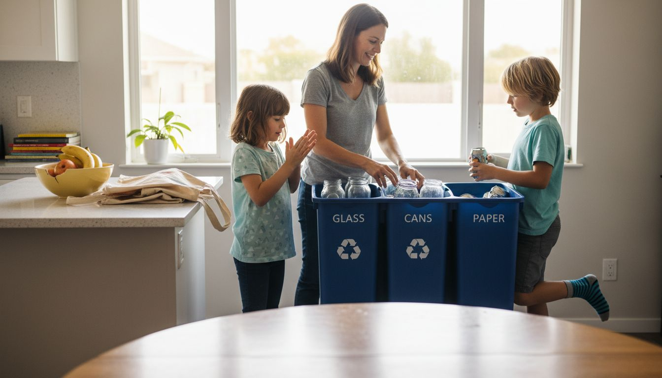 Family sorting recyclables in kitchen