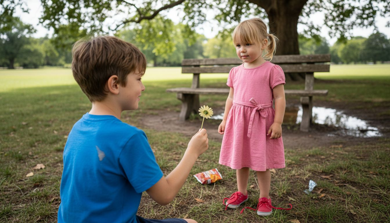 Child gives flower to friend in park