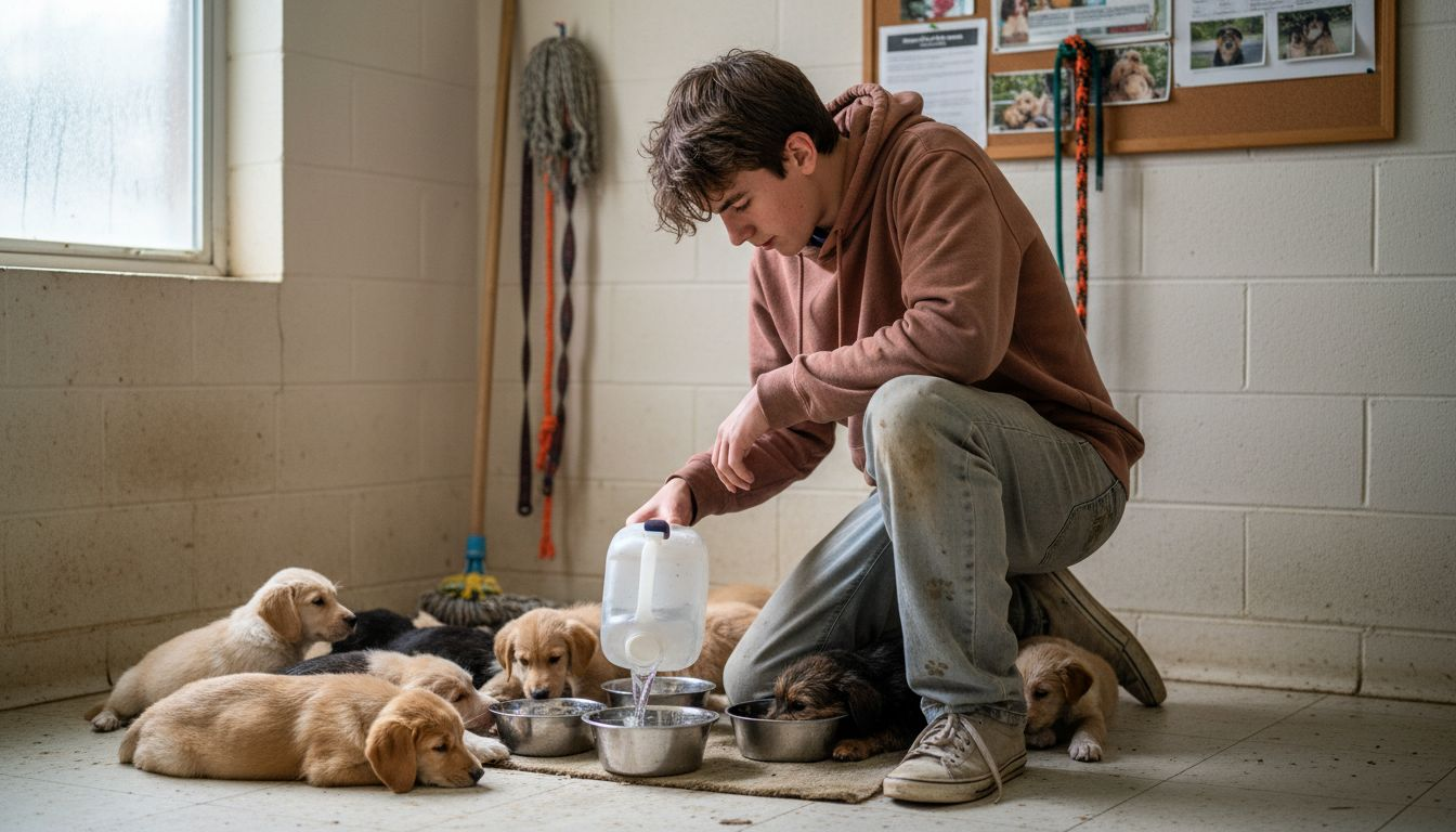 Teen volunteering at animal shelter with puppies