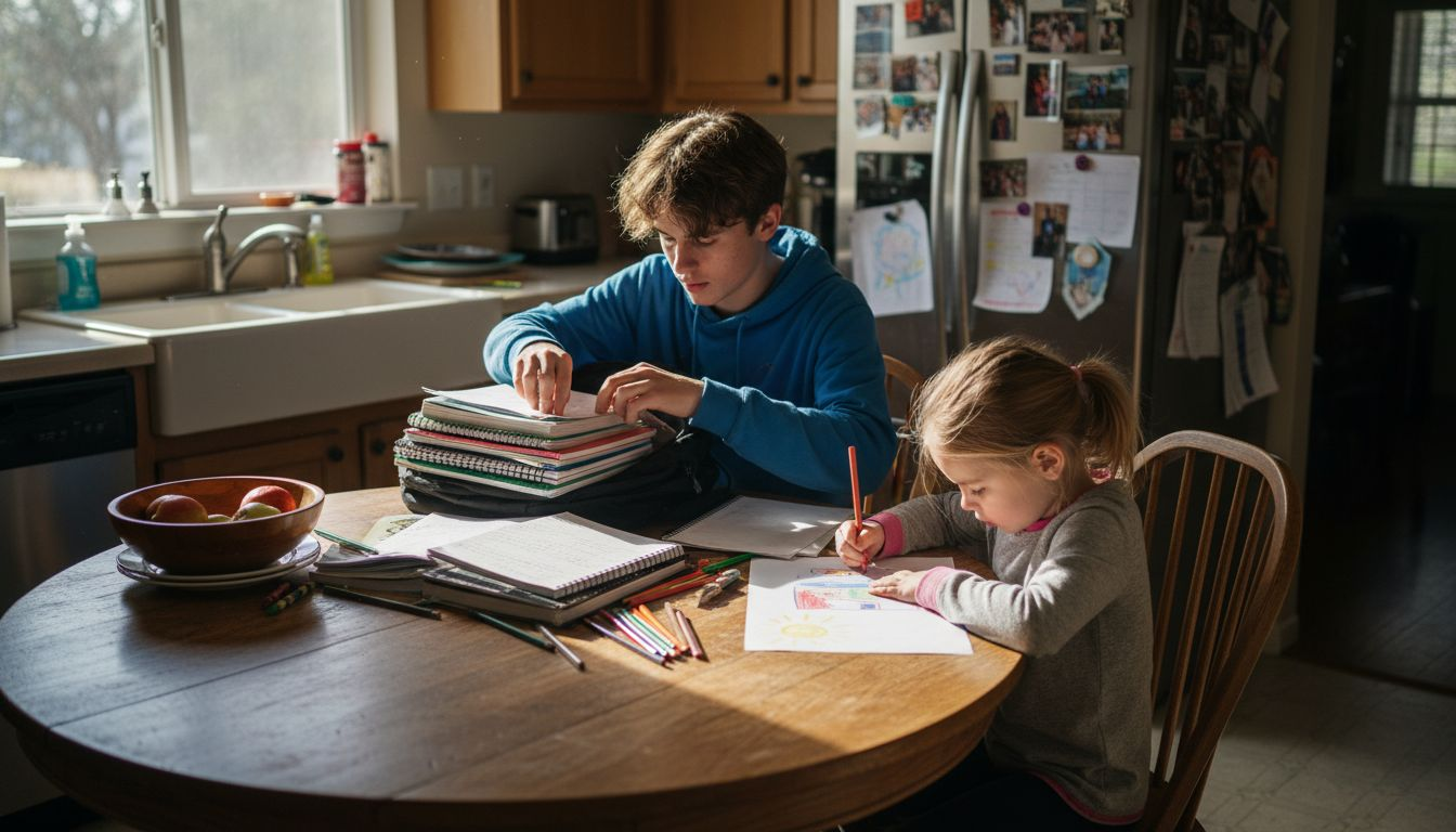 Siblings showing different personalities at table