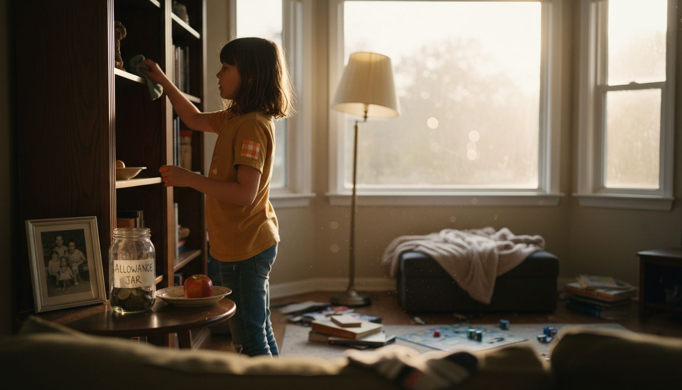 Girl cleaning bookshelf for chore allowance