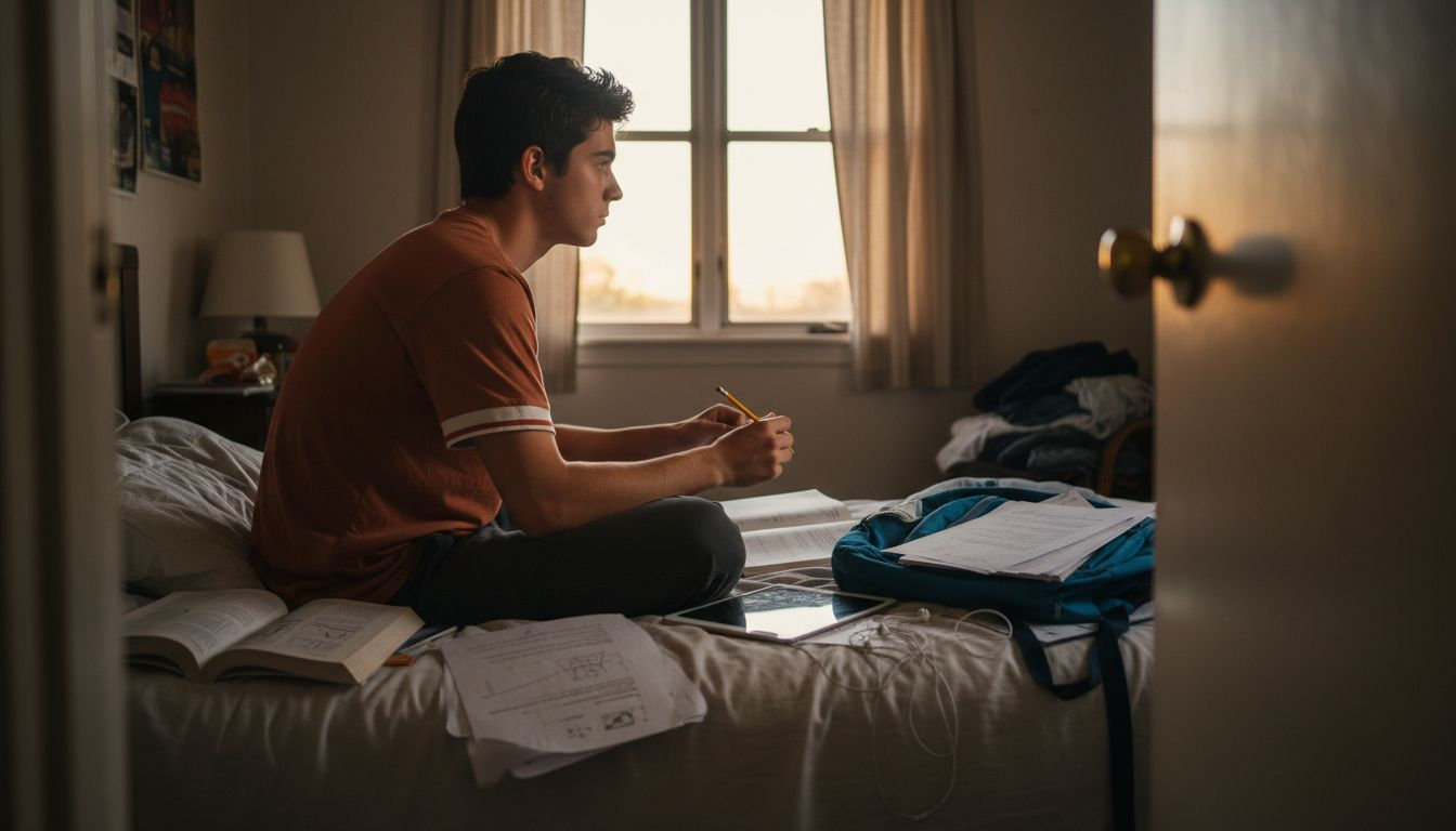 Student distracted from homework on bed
