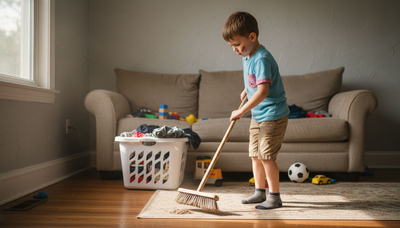 Child sweeping floor with toys and dust