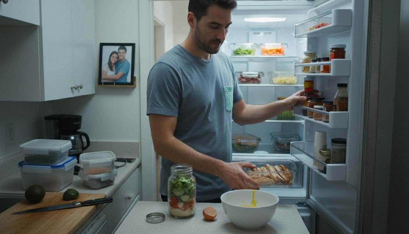 Man grabbing pre-cooked lunch from fridge