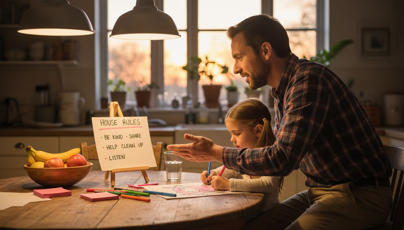Father and child discussing household boundaries