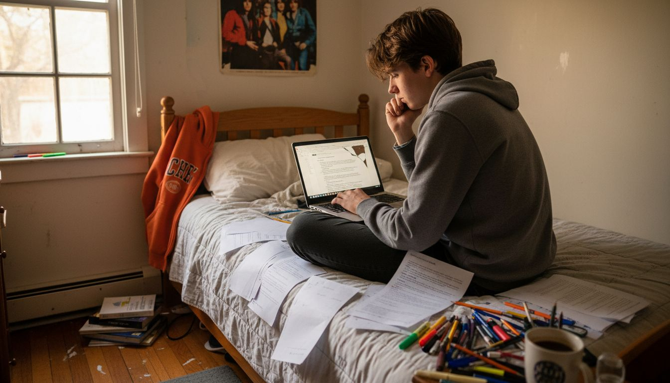 Student editing college essay on laptop in bedroom