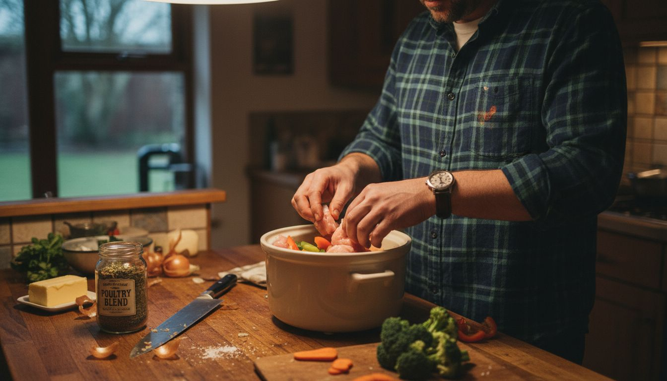 Hands placing food into slow cooker