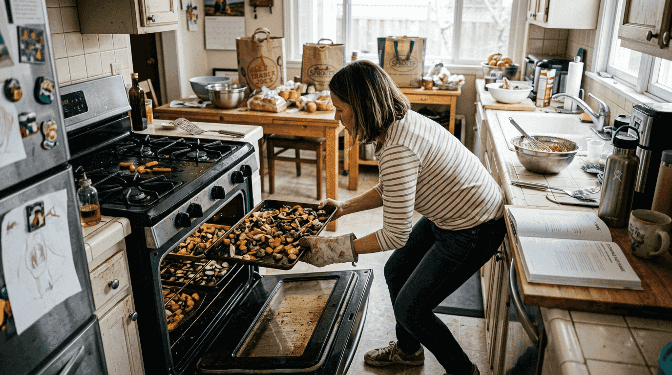Parent removing roast vegetables for batch cooking