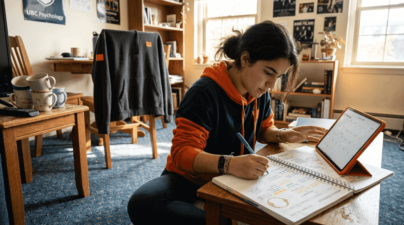 Student uses planner and tablet to schedule