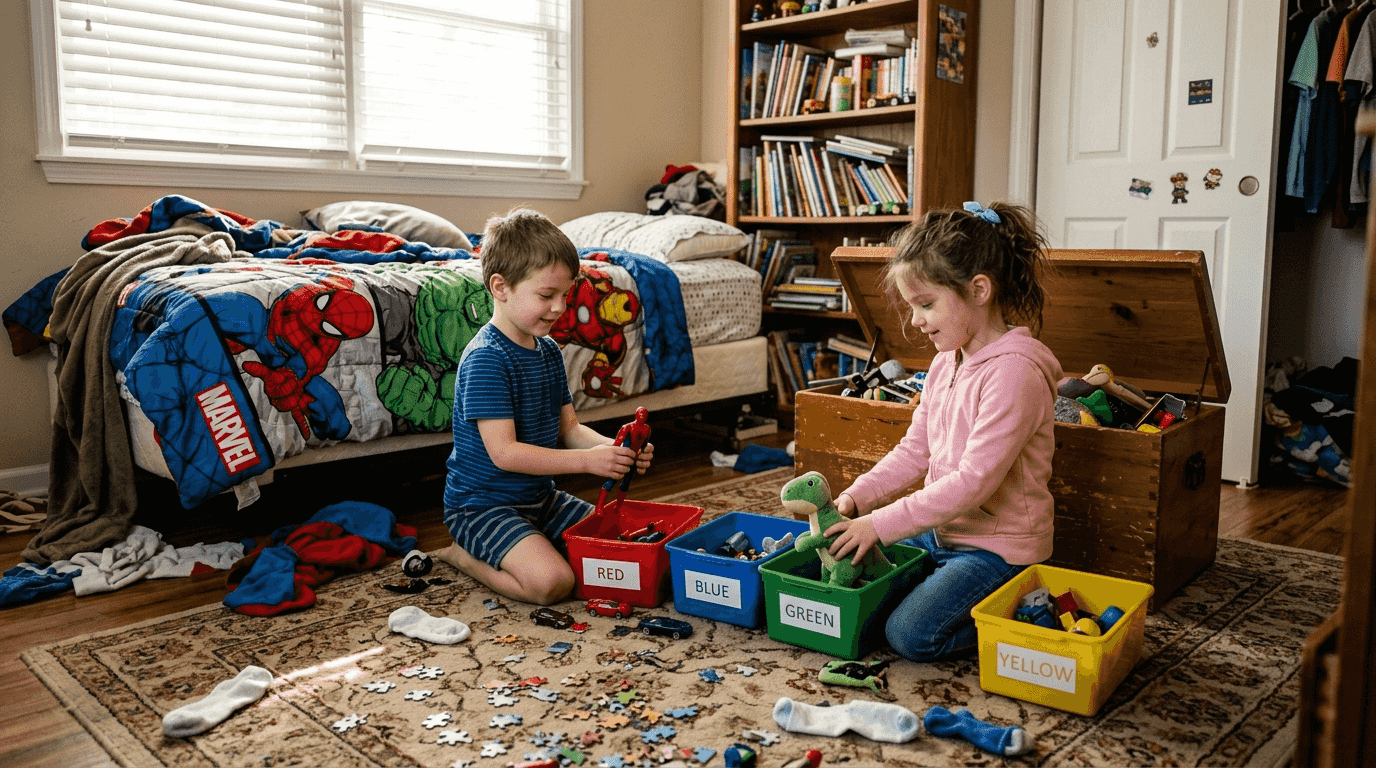 Kids sorting toys in messy bedroom