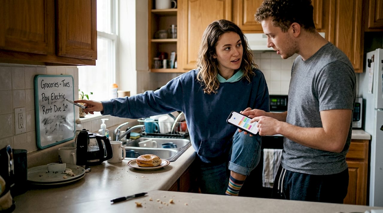 Couple organizing weekly cleaning on whiteboard