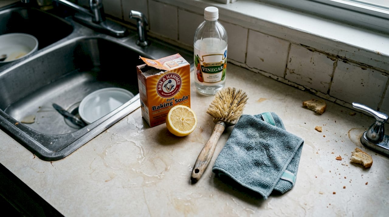 Natural cleaning products on kitchen countertop
