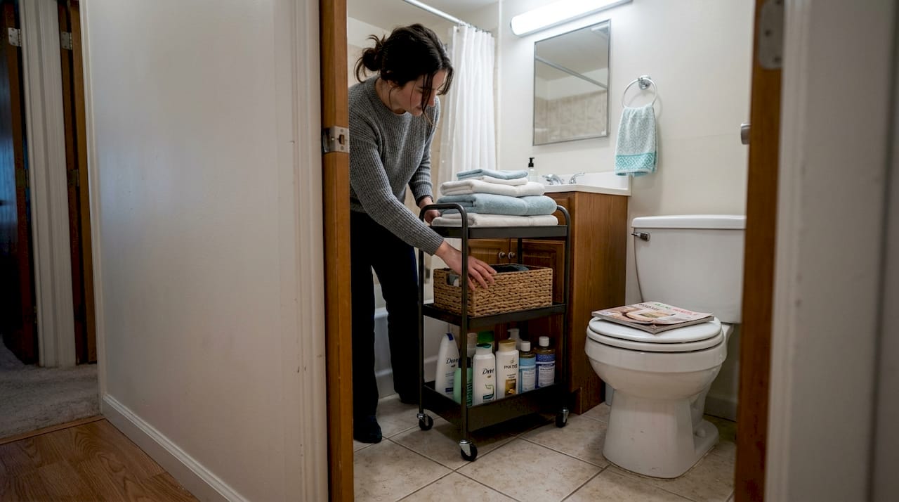 Rolling cart used for bathroom storage