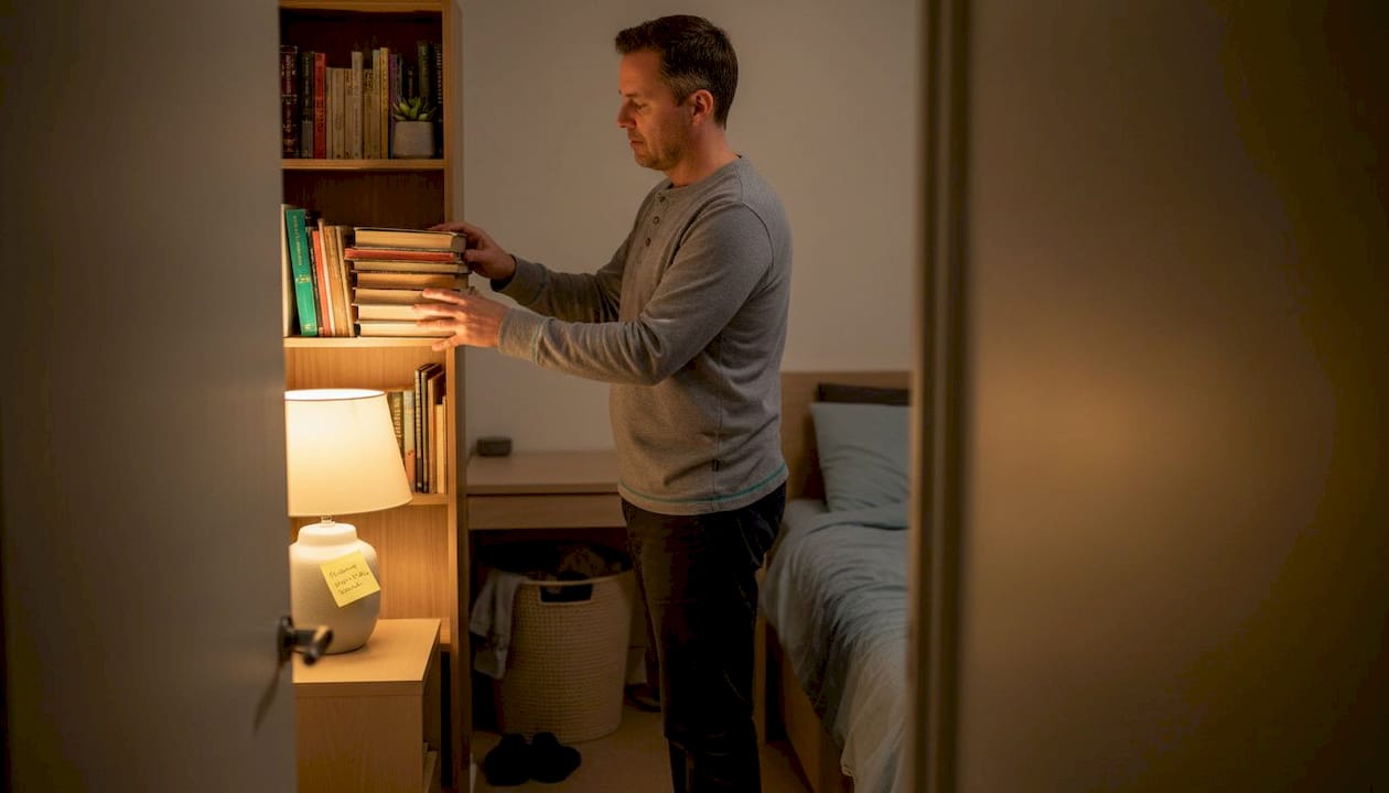 Man organizing books in softly lit bedroom