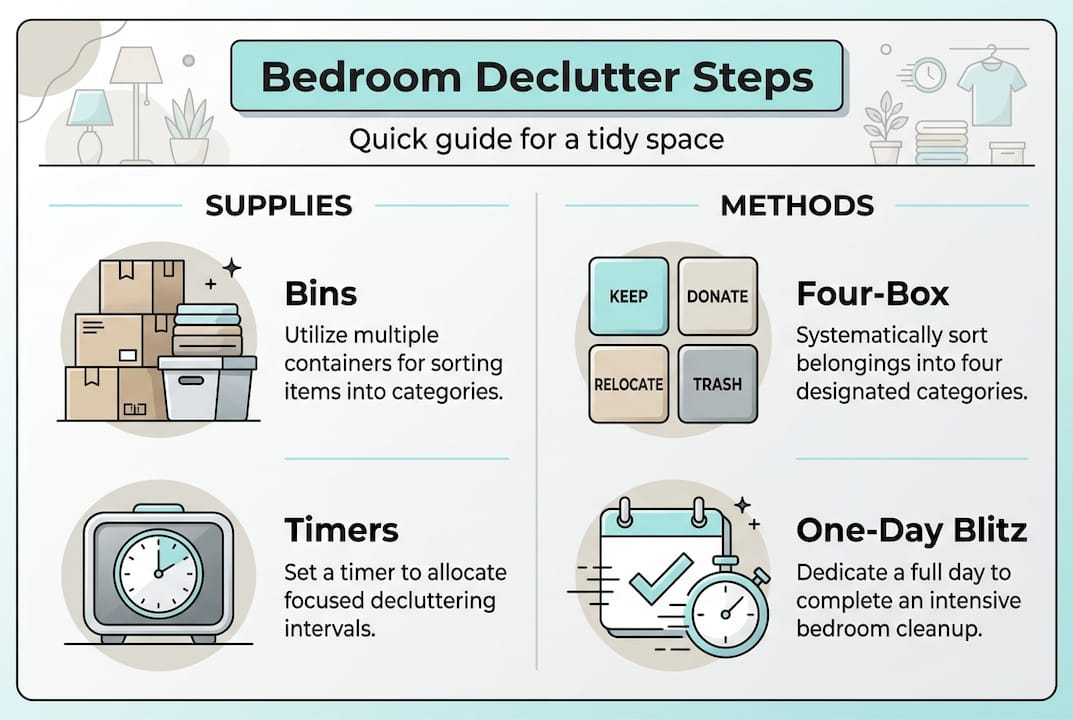 Infographic on bedroom declutter steps and tools
