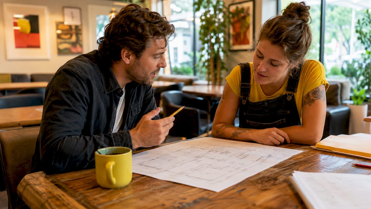 Architect and plumber reviewing plumbing layout schematic