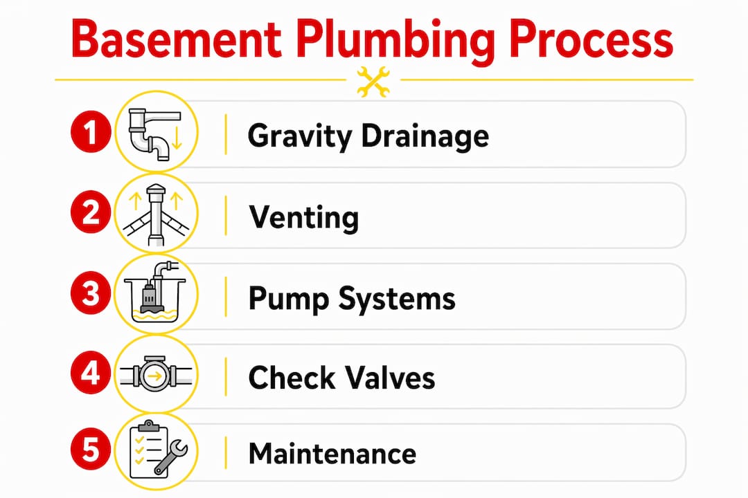 Infographic illustrating basement plumbing system steps