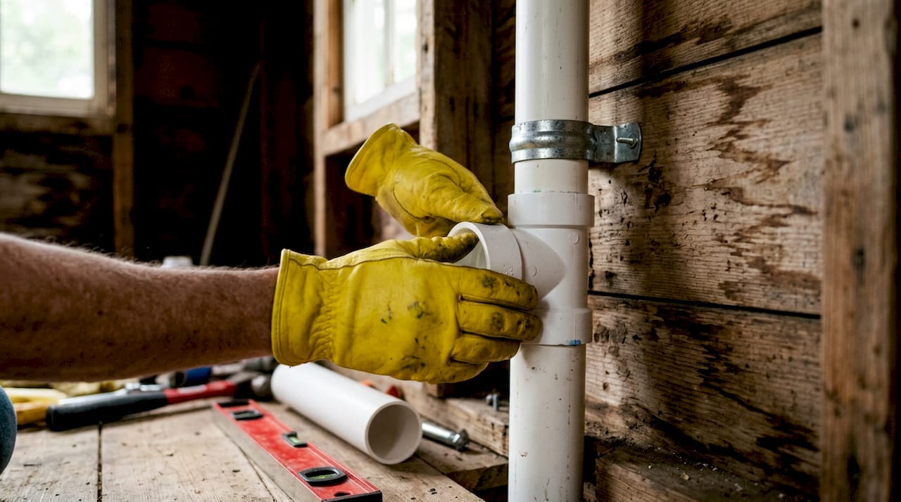Close-up of hands fitting basement drain pipe joint