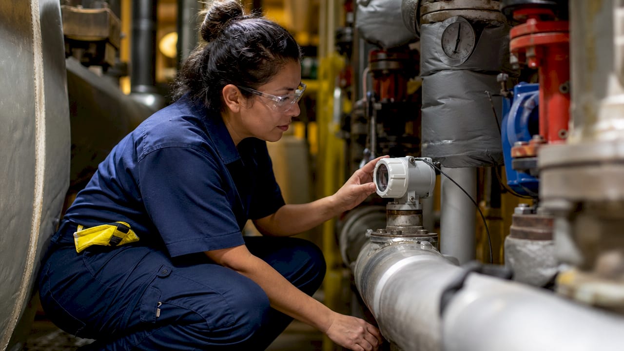 Technician measuring flow in commercial pipes
