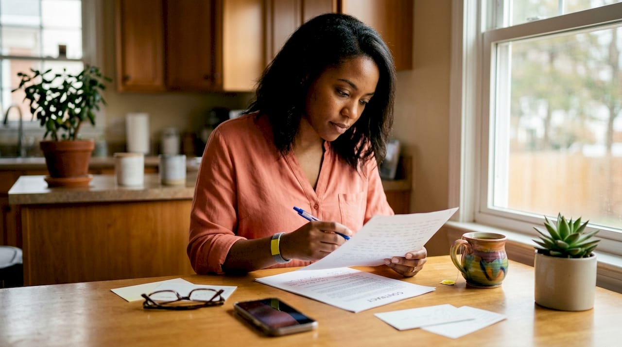 Woman reviewing plumbing service contract at table