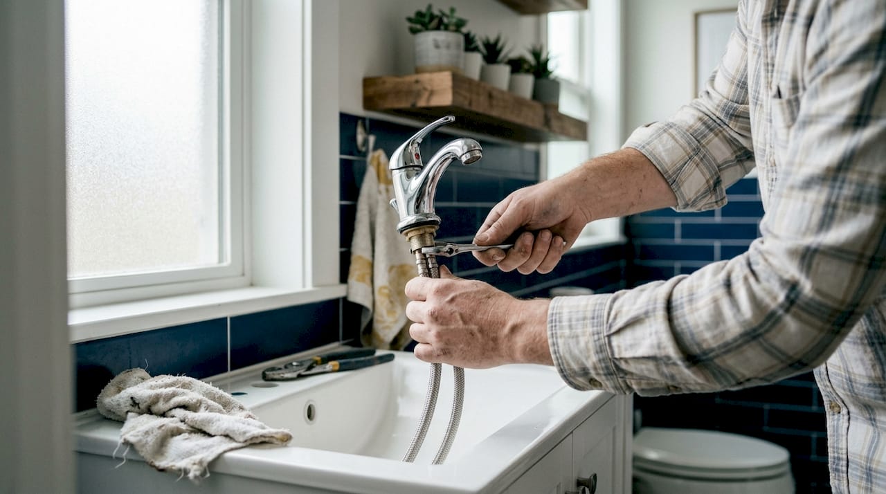 Hands tightening kitchen sink plumbing connection