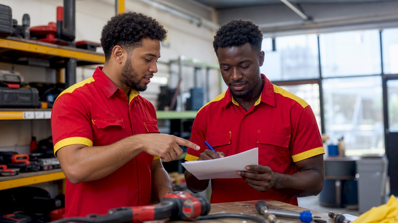 Hands marking plumbing service checklist
