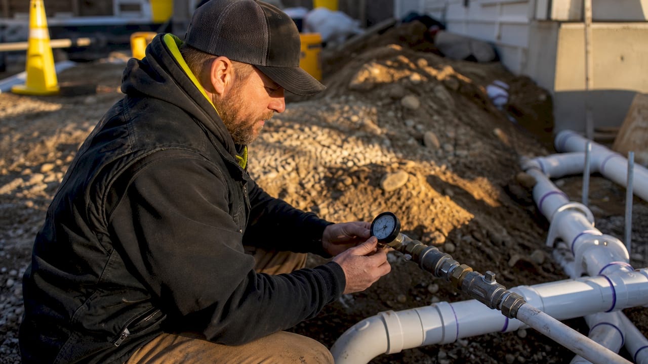Inspector checking underground plumbing pipes outdoors
