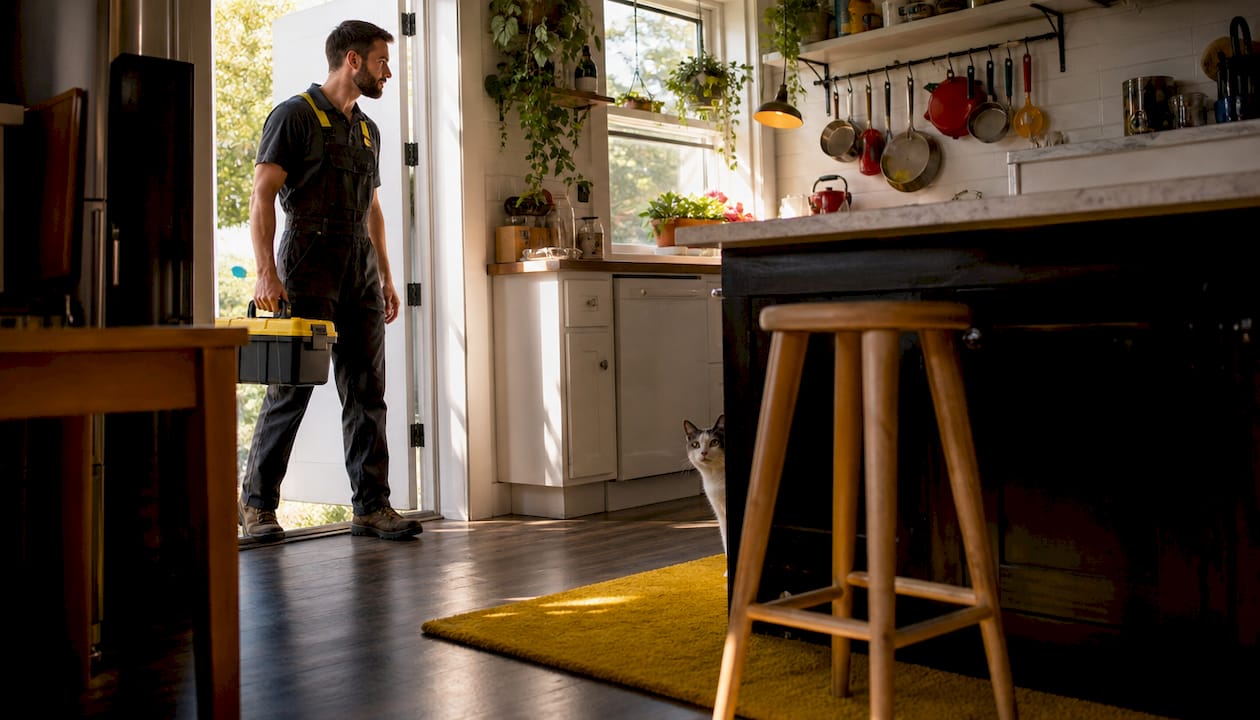 Plumber entering home for emergency repair service