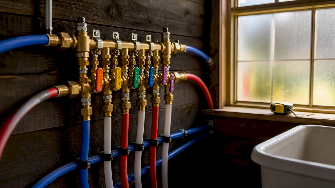 Close-up of manifold hub with labeled shutoff valves