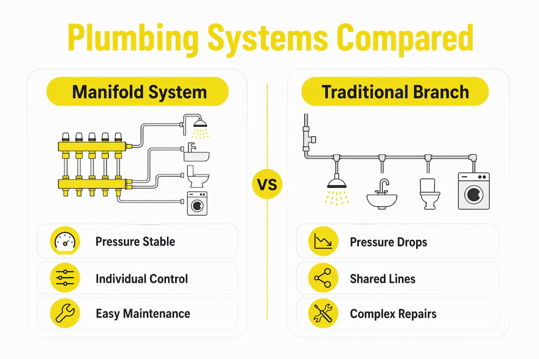 Infographic comparing manifold and traditional plumbing systems
