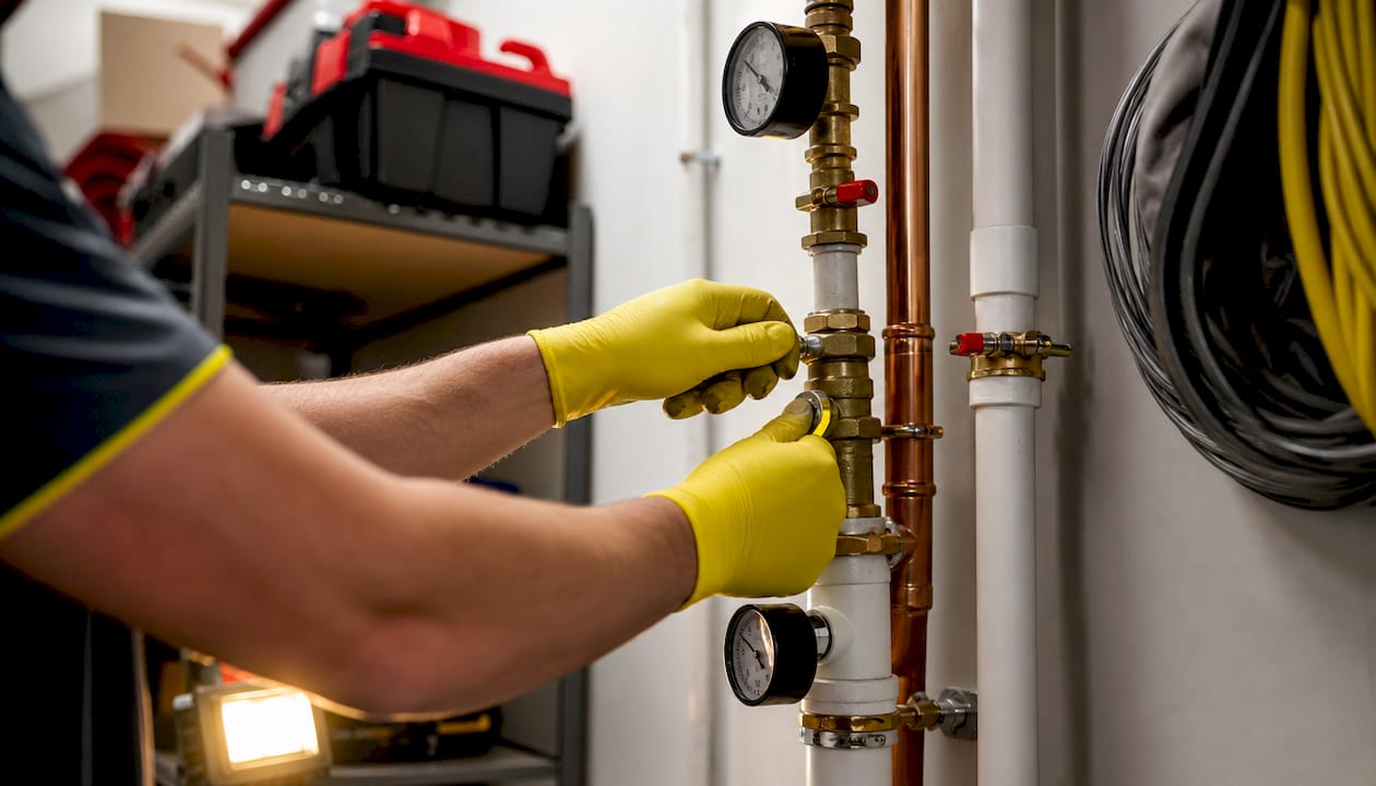 Close-up of plumber's hands adjusting plumbing riser valve
