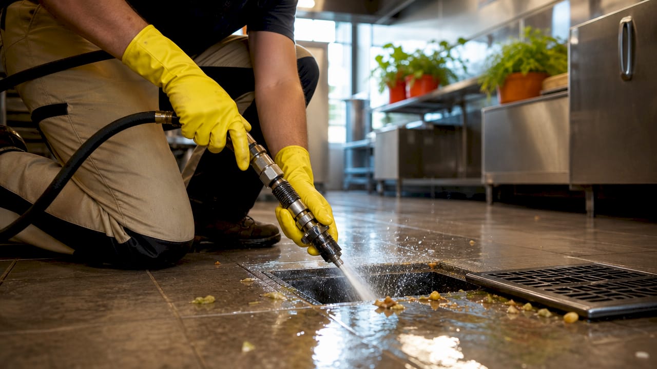 Hands hydro-jetting restaurant floor drain