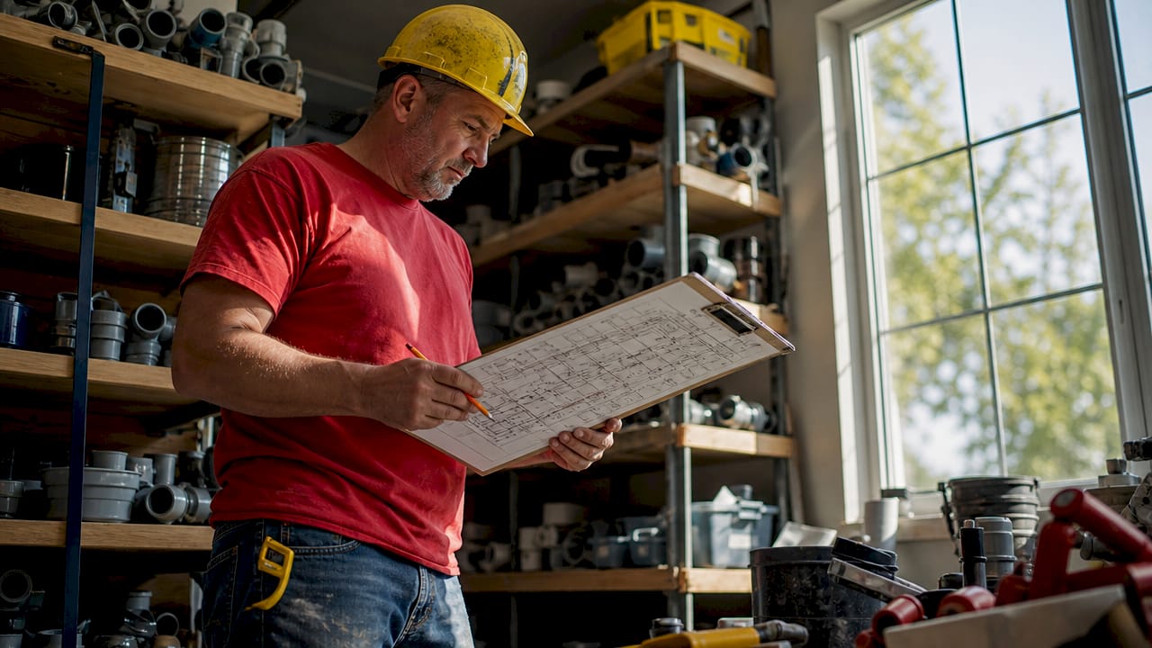 Plumber analyzing system map in mechanical room